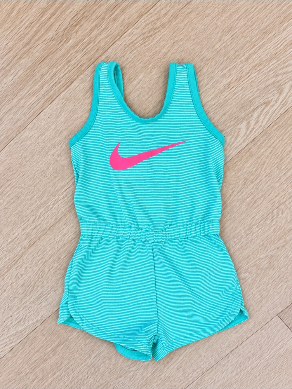 Nike Dri-FIT Girls Aqua Striped Athletic Romper Pink Swoosh